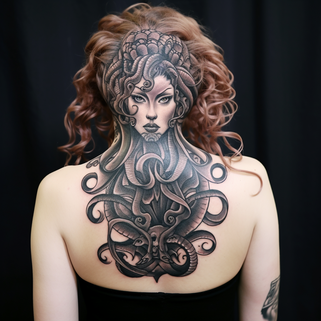 a tattoo,black-ink,Medusa Back Tattoo – tattoogpt.io